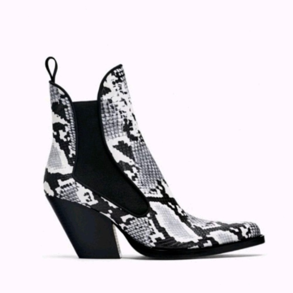 Zara Snake Cowboy Ankle Boots Block Heel